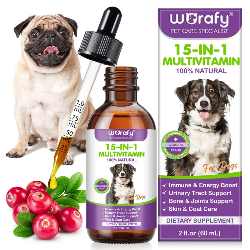 Dog Multivitamin, 15 in 1 Multivitamins for Dogs - Strengthening Immune System & Bones and Joints, Dog Vitamins and Supplements Drops for Supporting Urinary Tract, Skin & Coat 60ml