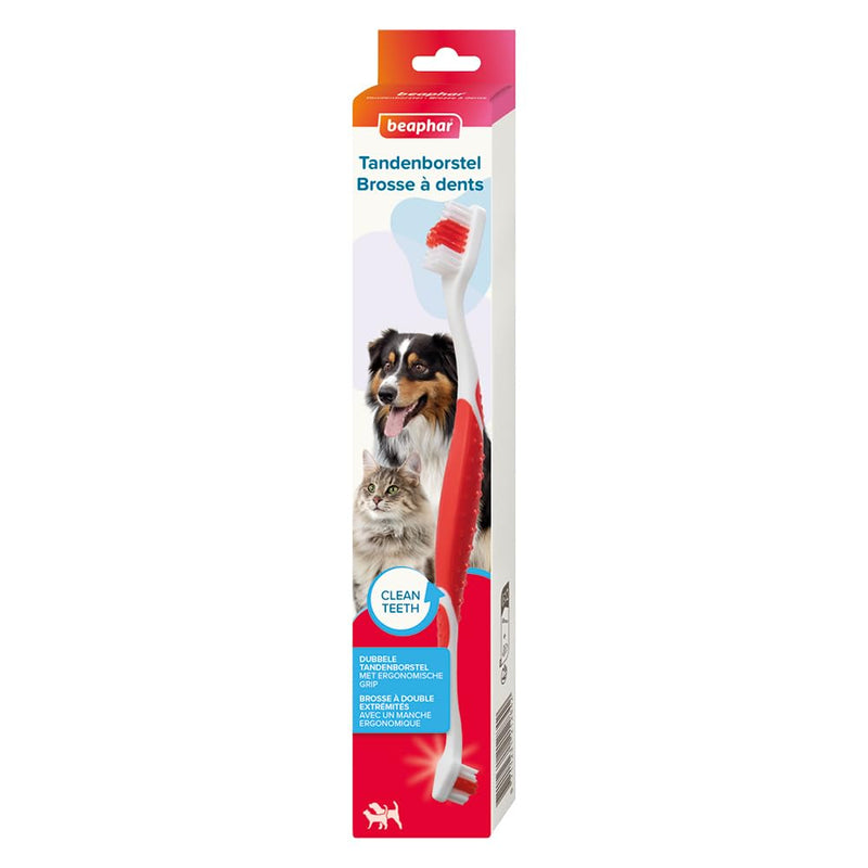 Beaphar Toothbrush 1 piece - Double Sided Brush with a Small and Large Brush - Especially for Dogs and Cats Red 1 count (Pack of 1)