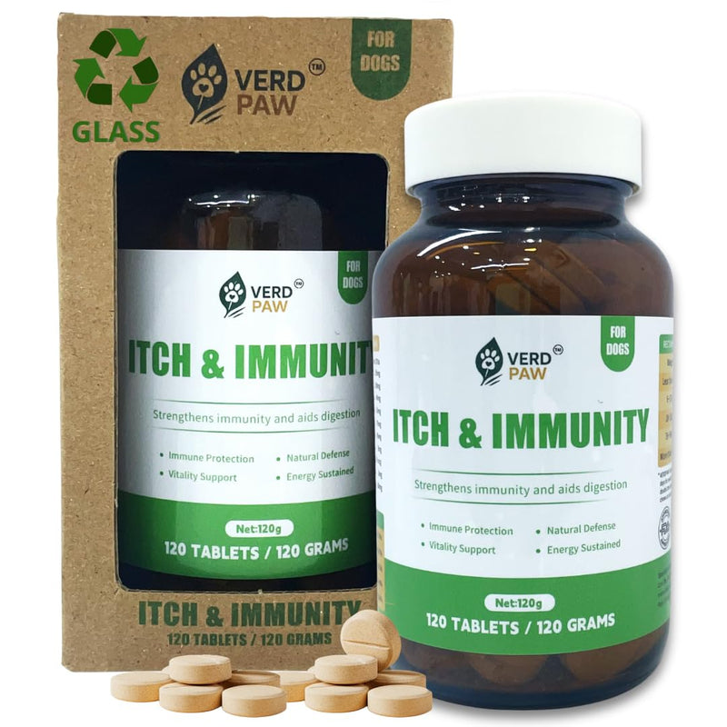 VERDPAW Itch & Immunity Tablets for Dog Allergy Relief & Dog Itchy Skin Relief, Helps Reduce Scratching, Paw Licking & Seasonal Allergy, Supports Gut Health & Natural Immune Function, 120 Tablets