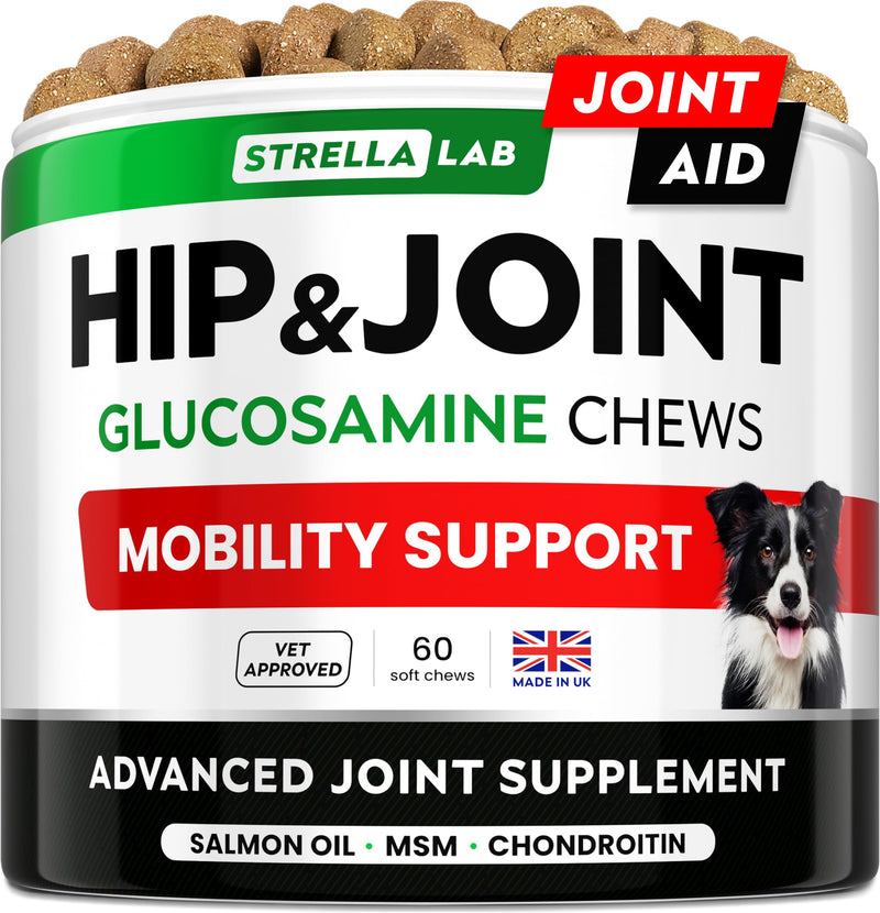 STRELLALAB Glucosamine Treats for Dogs - Joint Supplement w/Omega-3 Fish Oil - Chondroitin, MSM - Advanced Mobility Chews - Hip & Joint Care - 60 Chews Lamb