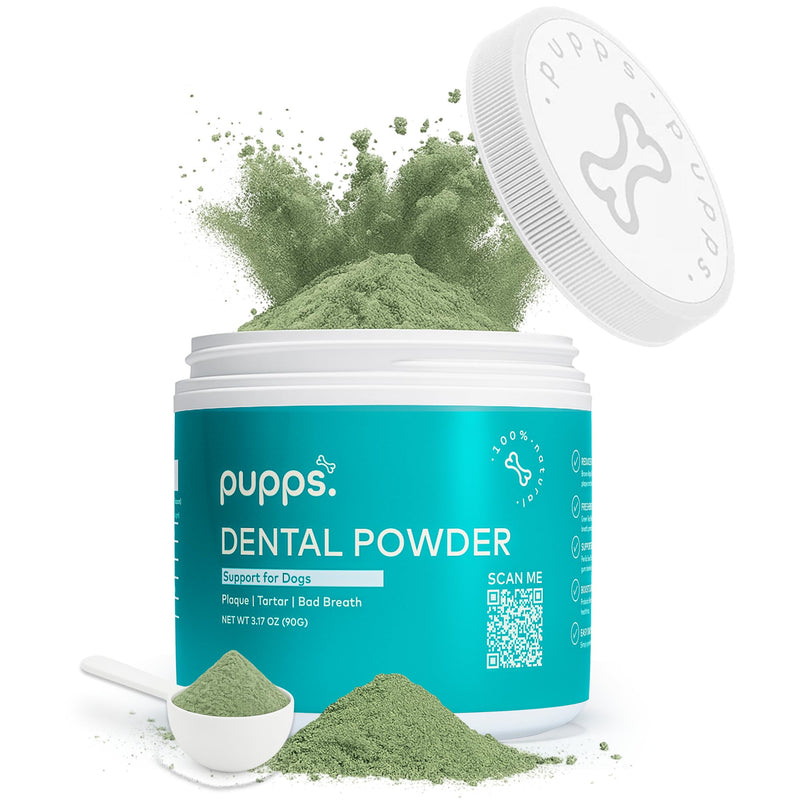 Pupps Dental Powder for Dogs 90g – Plaque & Tartar Support | Freshens Breath Naturally | Toothpaste & Toothbrush Alternative | Just Sprinkle on Food | Vet Approved, UK Made