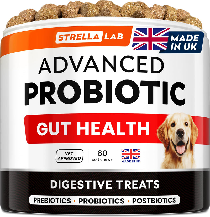 STRELLALAB Dog Probiotics for Gut Health & Digestive Enzymes Fiber Supplement - Anti Diarrhea, Constipation, Upset Stomach, Gas Relief - Digestion Treats Chews - 60 Count (Pack of 1) BBQ