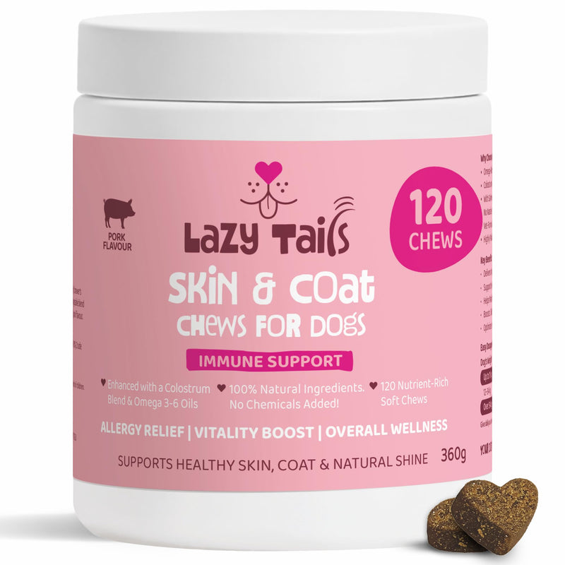 Skin & Coat Dogs Itchy Skin Chews for Dogs – 120 Soft Dog Chews – Helps Maintain Healthy Coat, Shine & Overall Skin Wellness – Natural Pork Flavor – Dog Treats for All Breeds & Sizes Skin & Coat