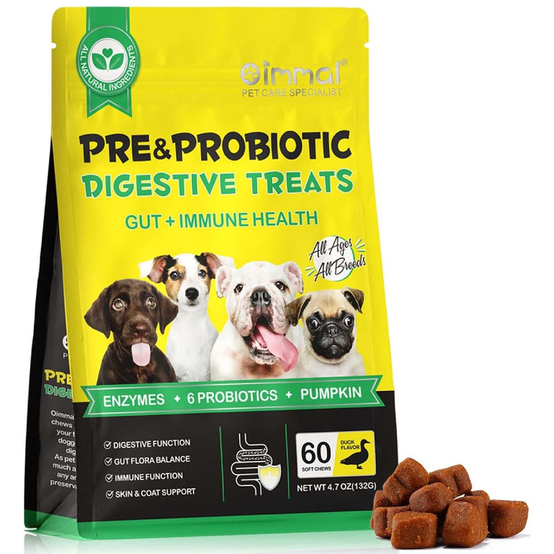 Dog Probiotics for Gut Health – 6 Billion CFU Multi-Strain Digestive Treats – Vet-Formulated Probiotics for Dogs, Dog Diarrhea Treatment, Immune & Skin Support – 60 Duck-Flavoured Chews