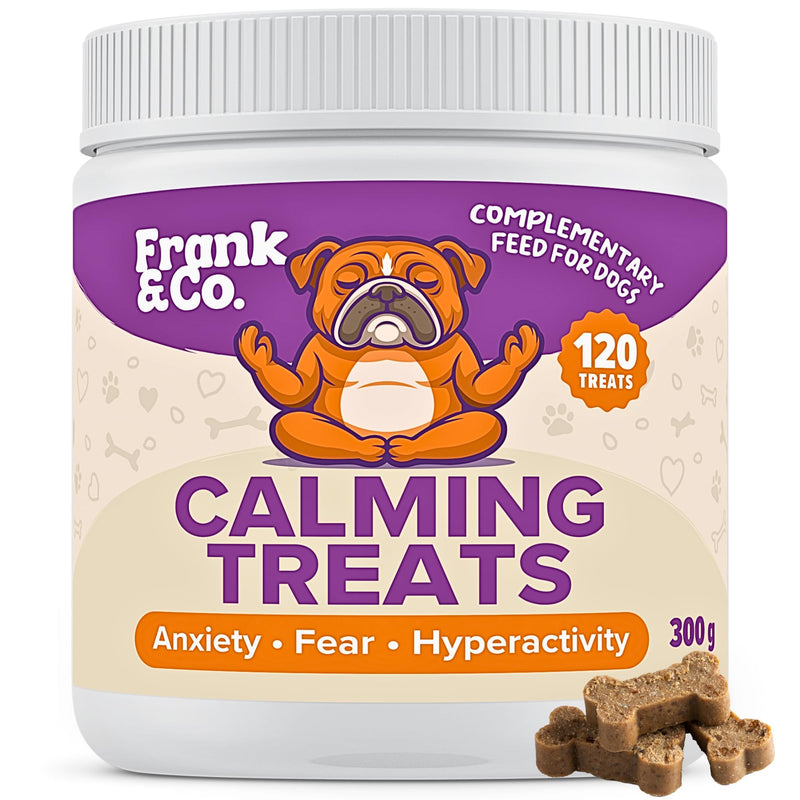 Frank & Co Calming Treats for Dogs – 120 Soft Chews with L-Tryptophan, L-Theanine, Magnesium, Chamomile, Passionflower, Hemp Seed Oil & Probiotics – Natural Daily Calm Support