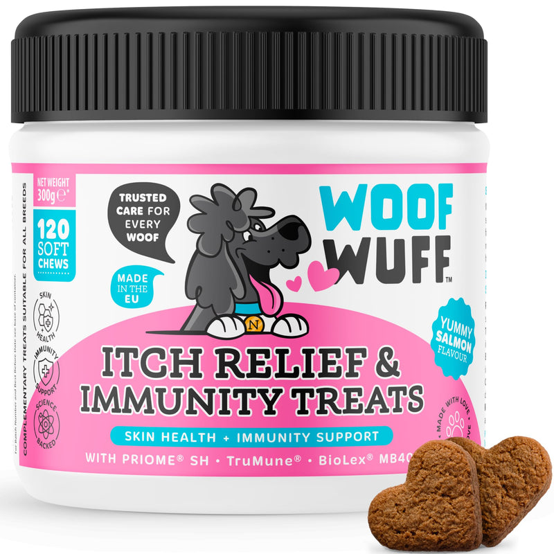 WOOFWUFF Itch Relief & Immunity Treats for Dogs – Soothe Itchy Skin, Paws, Ears & Seasonal Itching – Stop Itching Licking & Scratching – with Omega-3, Salmon & Krill Oil, Pre & Postbiotics, 120 Count