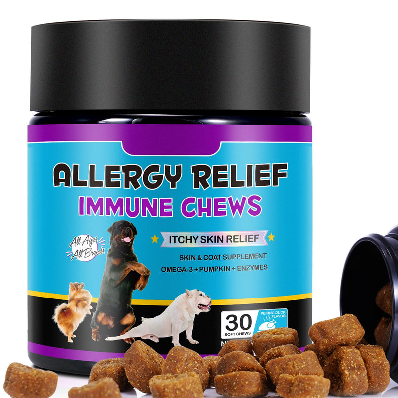 Dog Allergy Relief Chews, Itchy and Immunity Treats for Dogs Itchy Dog Skin Relief Anti Itch Skin& Coat Supplement for All Dogs Peking Duck Flavor 30 Pcs