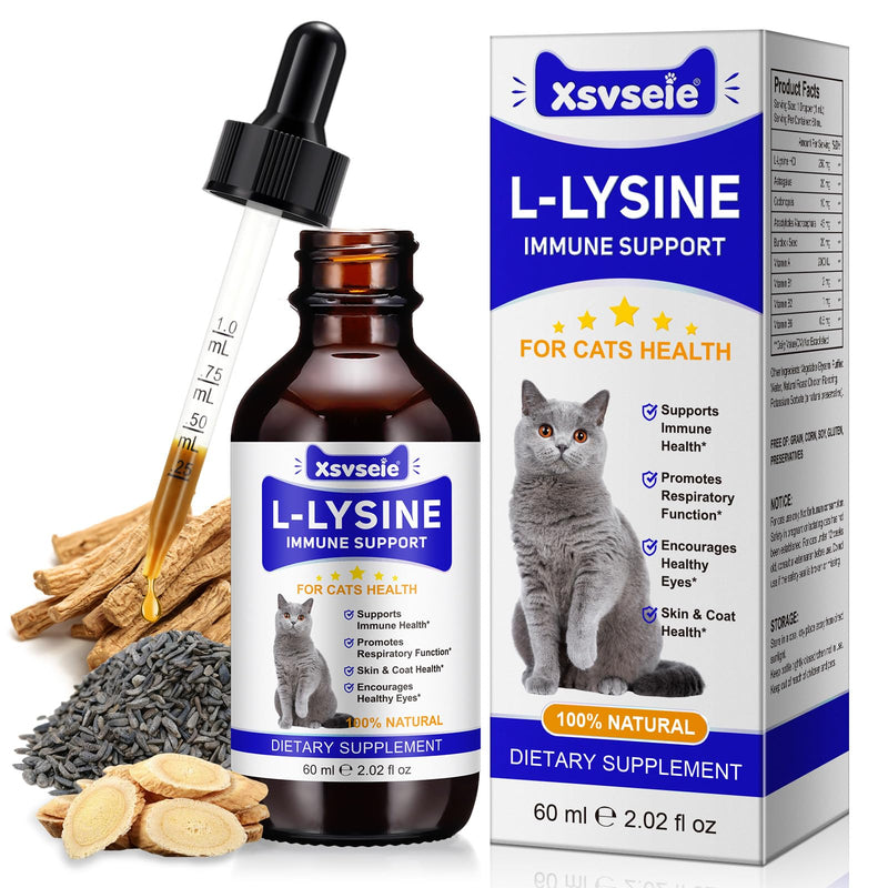 L-Lysine Drops for Cats with Colostrum & Taurine, Cat Lysine Drops, Immune Support, Respiratory Health & Allergy Relief, for Sneezing, Runny Nose & Eye Function | 60ml - Roast Chicken Flavour