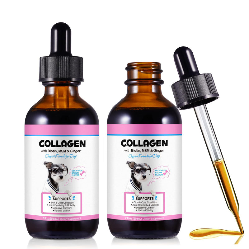 2Pack Collagen for Dogs 60ml,Liquid Dog Collagen Drops with Biotin, MSM-Supports Smooth Digestion,Joints, Skin & Coat,Liquid Supplement,Tasty Bacon-Flavored 60ml (Pack of 2)