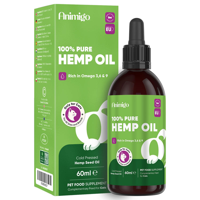Hemp Oil for Cats 60ml - Pure, Natural & Cold-Pressed - Cat Calming Products for Loud Noises, Car Rides & Home Alone - Rich in Omega 3, 6 & 9 - Cat Calmer for Skin, Coat, Bones & Joints
