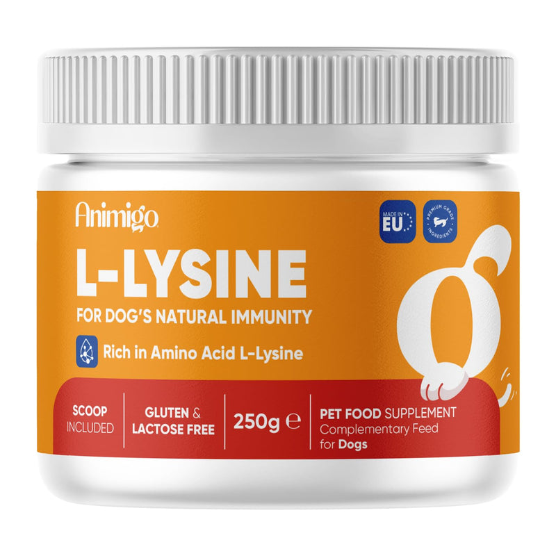 animigo L-Lysine For Dogs 250g - For Sneezing, Watery Eyes & Reduced Appetite - With Added Vitamin B6 & Magnesium - Rich in Amino Acid - For Dog's Natural Immunity - Scoop Included