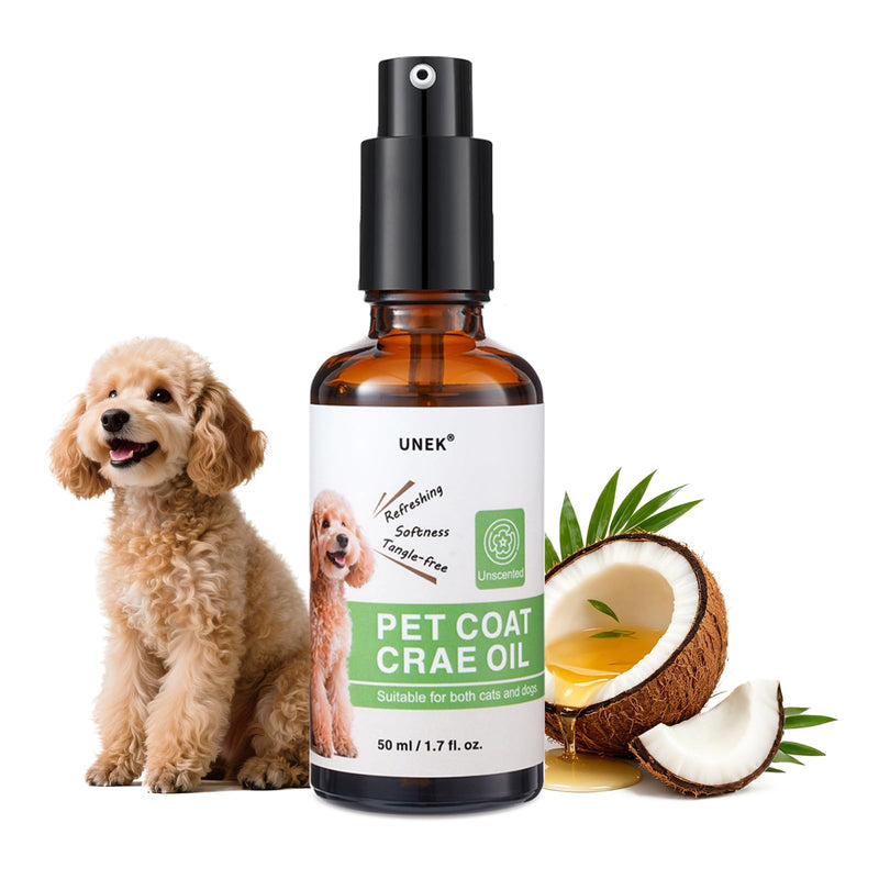 UNEK Unscented Pet Coat Oil for Dogs & Cats 50ml – Lightweight Leave-In Coat Conditioner with Olive, Coconut & Jojoba Oils – Helps Reduce Static, Smooth Frizz & Add Shine to Dry or Long Fur