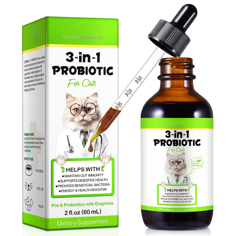 Probiotics for Cats, 3-in-1 Cat Probiotics with Prebiotic and Enzymes, Cat Diarrhea Treatmen Supplement - Support Gut Health, Diarrhea & Constipation Relief for All Breed Size Age, Bacon Flavor, 60ml