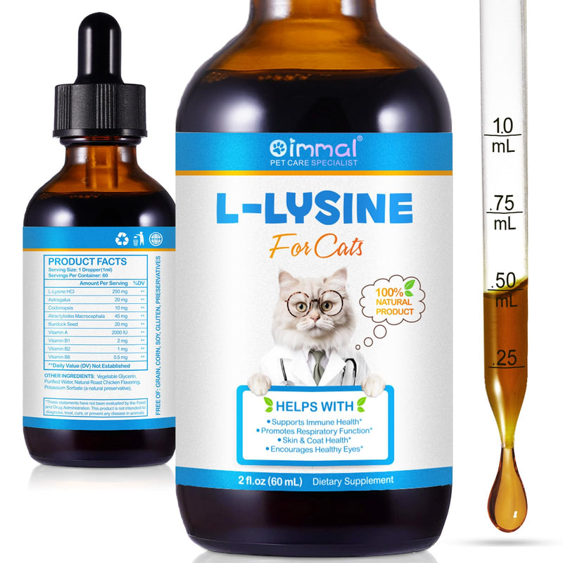 L-Ysine Supplement For Cats - Lysine Drops For Immune Support, Comprehensive Care For Feline Wellbeing, Suitable For Sensitive Cats, A Glossy Coat, Eye Care & Nose Care 60Ml