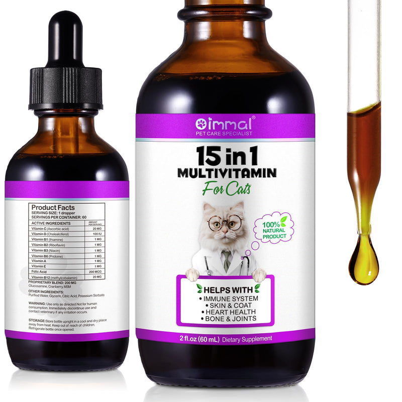 Cat Vitamins, 15 In 1 Cat Multivitamin Liquid Drops - Contains Glucosamine And Msm, Consolidate Health, Activate Cellular Vitality, Stabilise Sensitive Reactions, Nourish Coat And Skin 60Ml