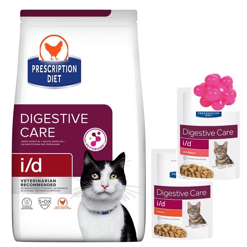 Diet i/d Digestive Care Dry Cat Food, Chicken Flavour 1.5kg, Highly Digestible Formula to Support Healthy Digestion, 2 x 85g Wet Cat Food Pouches & Cat Toy Bundle