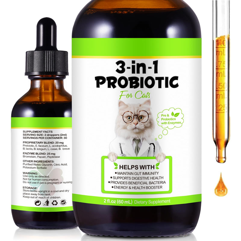 3-in-1 Probiotics for Cats 60ML,Digestive Enzymes & Prebiotics – Gut & Immune Support, Constipation Comfort – Natural Bacon Flavor – for All Ages & Breeds