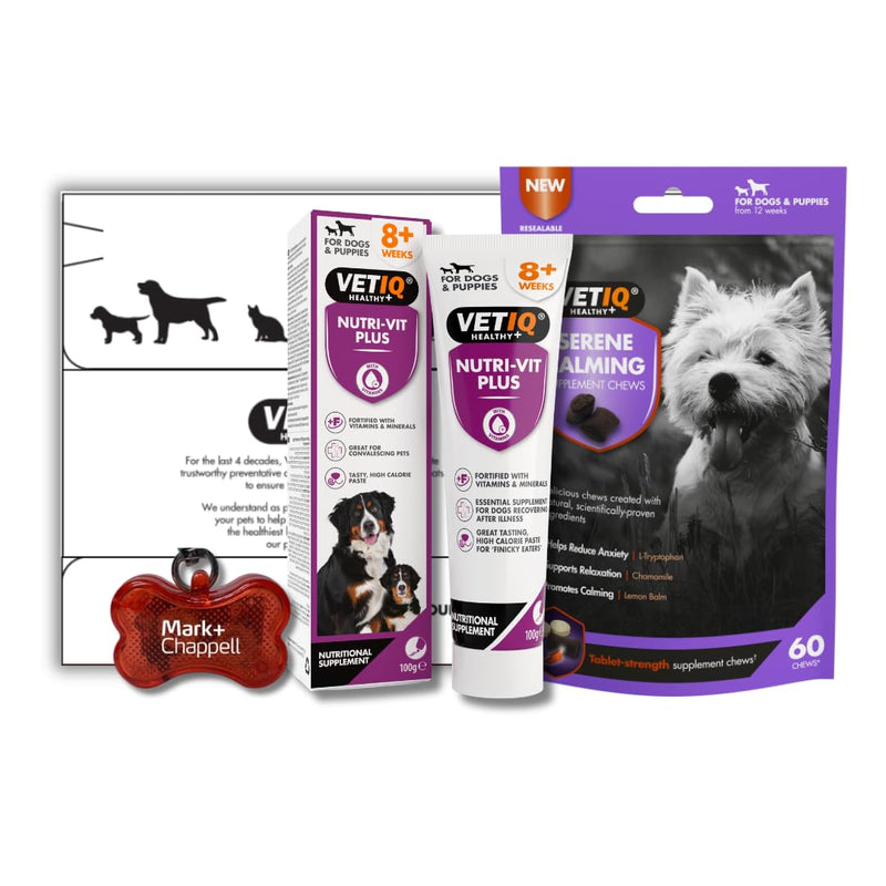 VETIQ Dog & Puppy Wellness Pack – Calming & Nutrition Support, Serene Calming Chews & Nutri-Vit Plus Paste High-Calorie Vitamin Supplement – Stress Relief & Vitality Support – From 12 wks Dog Gift Set
