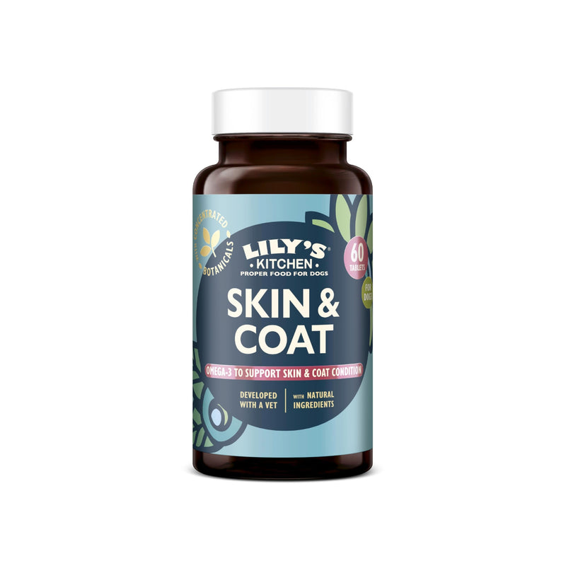 Lily’s Kitchen Skin & Coat Supplements for adult dogs & senior dogs. 60 Tablets. Made with Natural Ingredients, Hyaluronic acid, Biotin & Vitamin C and Fish oil powder One Size