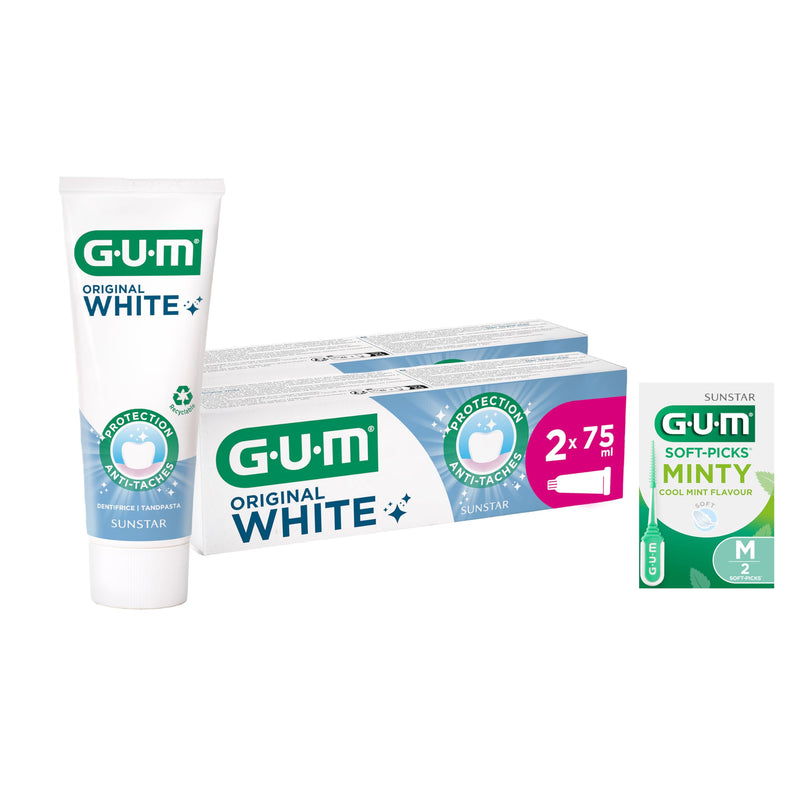 GUM Original White Toothpaste, Restores the Original White of the Teeth, Fluoride and Isomalt Protect the Enamel, 2 x 75 ml (with 1 Free Sample)
