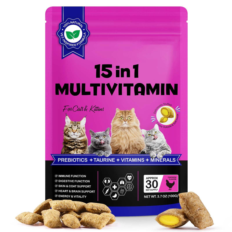 15in1 Multivitamin Cat Treats –Chicken Flavor Chews with Taurine, Prebiotics, Omega, Vitamins & Minerals – Helps Support Immune, Joint, Skin & Coat, Digestive, Heart & Eye Health for Cats