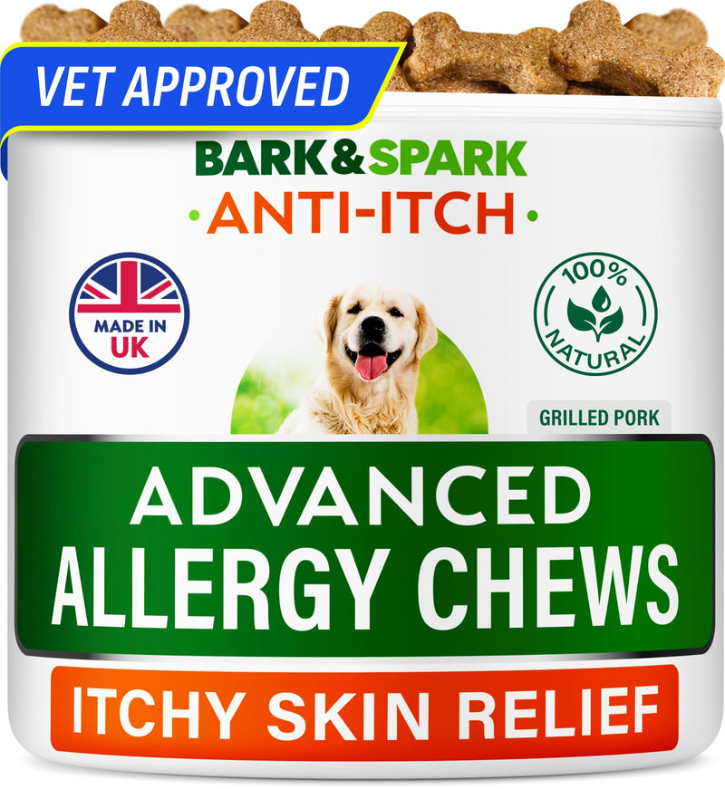 BARK&SPARK Dog Itch & Allergy Support Chews - Skin & Coat Supplement - Omega 3 Fish Oil -Itching & Paw Licking - Dry Skin & Hot Spots - 60ct - Grilled Pork