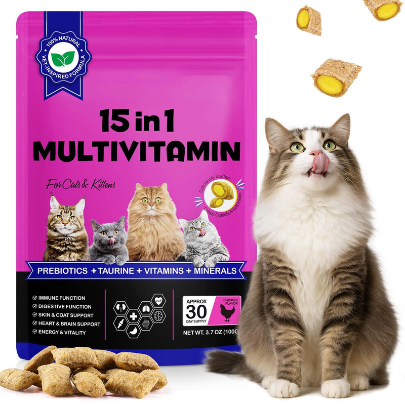 Cat Multivitamin Chews, 15 in 1 Multivitamin for Cats & Kittens, Bones, Joint, Skin & Coat Support, Cats Vitamins and Supplements - 100g