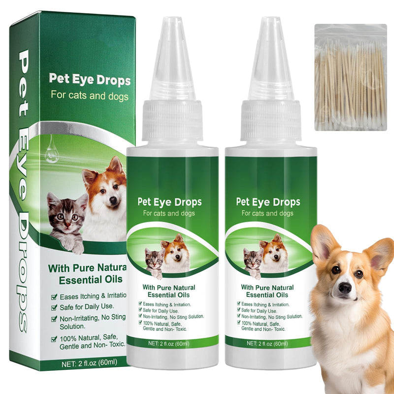2 Pcs Dog Eye Drops with Cotton Swabs, Gentle Pet Eyes Care Solution for Relieving Eyes Itching & Irritation, Safe for Daily Use (60ml x 2)