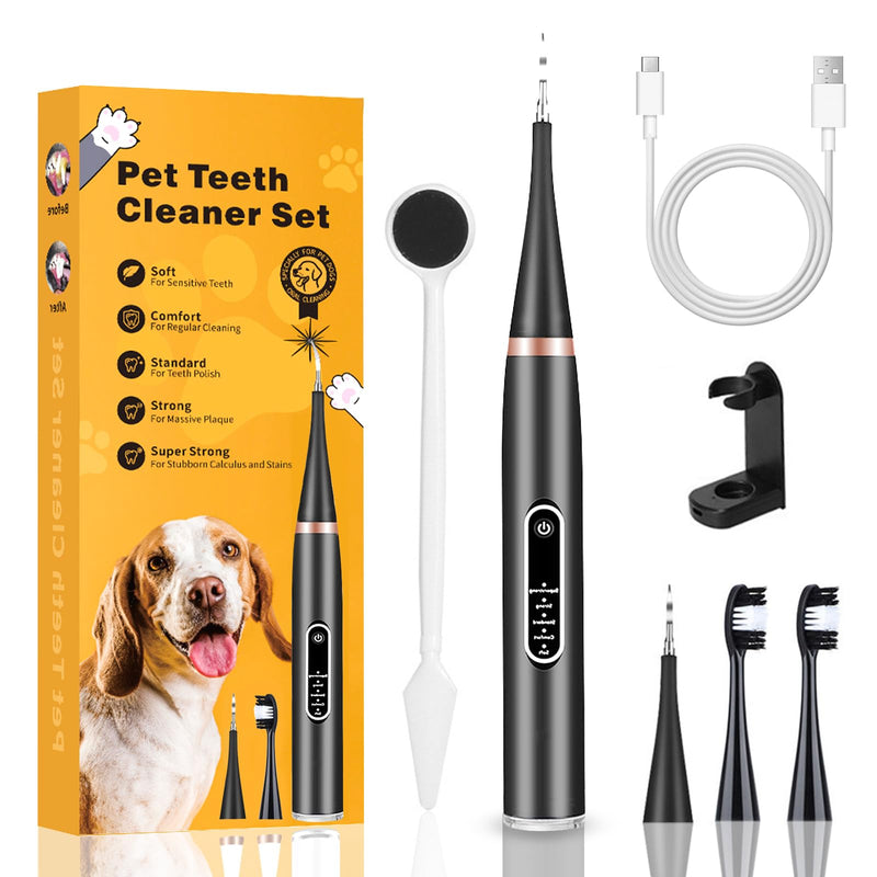 Dog Plaque Remover, Pet Teeth Cleaning Products, Dog Tartar Remover with 6 Modes and Complete Care Kit for Dogs and Cats, Rechargeable, Black