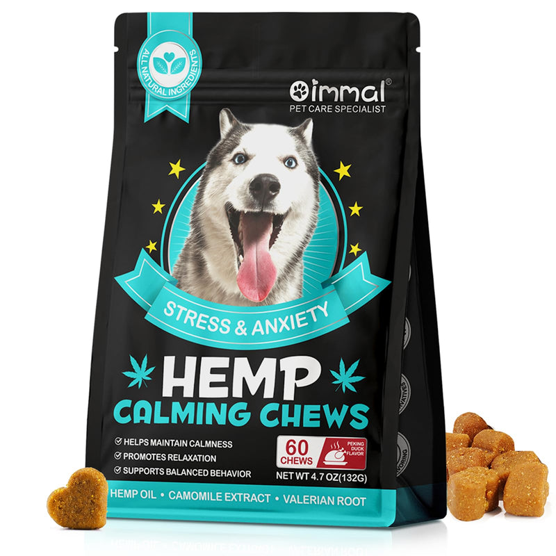 Calming Chews for Dogs with Anxiety and Stress - 60 Soft Dog Calming Treats - Storms, Barking, Separation - Valerian Root - Melatonin, Dog Anxiety Relief (Peking Duck) Peking Duck