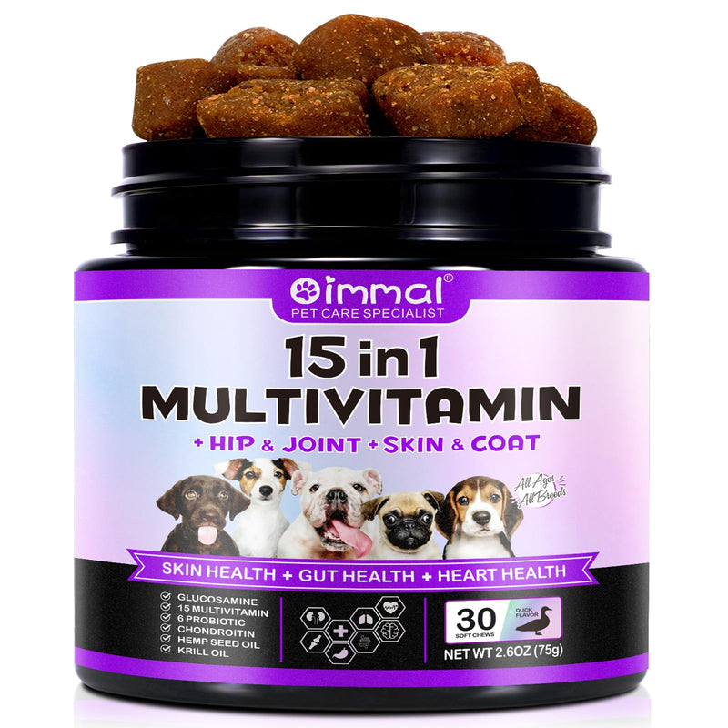 15 in 1 Dog Multivitamin Chewable, Dog Multivitamin Chews for Hip and Joint, Skin Coat, Gut Health, Immune System, 30 Chews with Duck Flavour for Small, Medium and Large Dogs dog multivitamins 30 chews