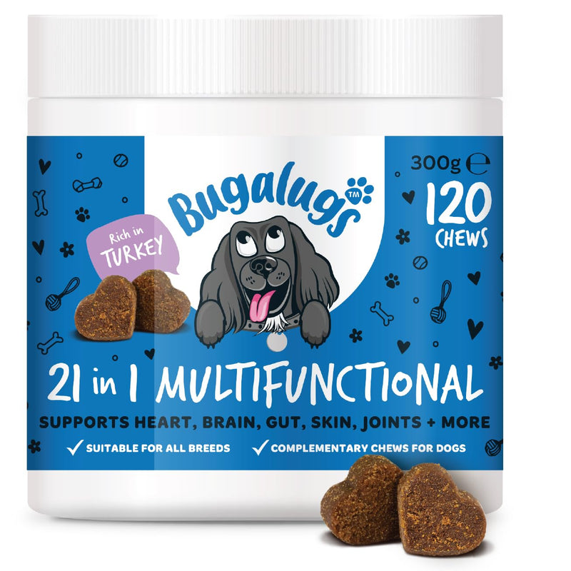 BUGALUGS 21 in 1 Multifunctional Dog Treats – Helps Gut, Teeth, Bladder, Joints, Calming, Relax & Itchy Skin - Perfect for Small, Medium & Large Dogs -120 chews