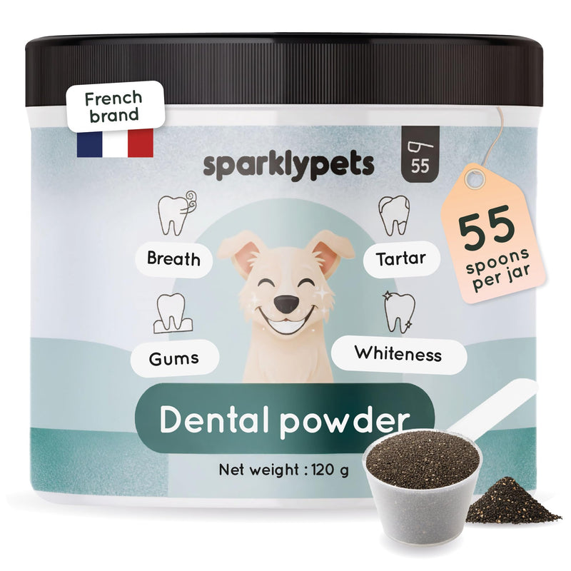 Sparkly Pets – Dental Powder for Dogs – Anti-Tartar & Plaque Cleaner, Tooth Whitening, Bad Breath & Gum Care – Eucalyptus, Prebiotics – French Brand – 120g (55 Scoops)