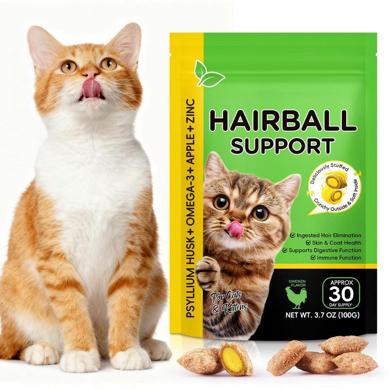 Hairball Cat Treats, Hairball Treatment with Psyllium Husk & Omega 3 for Cats, Digestive Health & Skin and Coat Support, Natural Soft Chews, Chicken Flavor for Picky Eaters, for Indoor Cats, Kittens &
