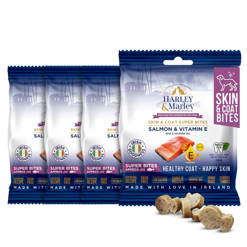 Harley & Marley Skin & Coat Super Bites for Dogs - Natural Dog Skin and Coat Supplement with Salmon, Vitamin E, DHA & Chia Seeds - Supports Healthy Skin, Shine & Coat Condition - 4pk (50/pk) Pack of 4