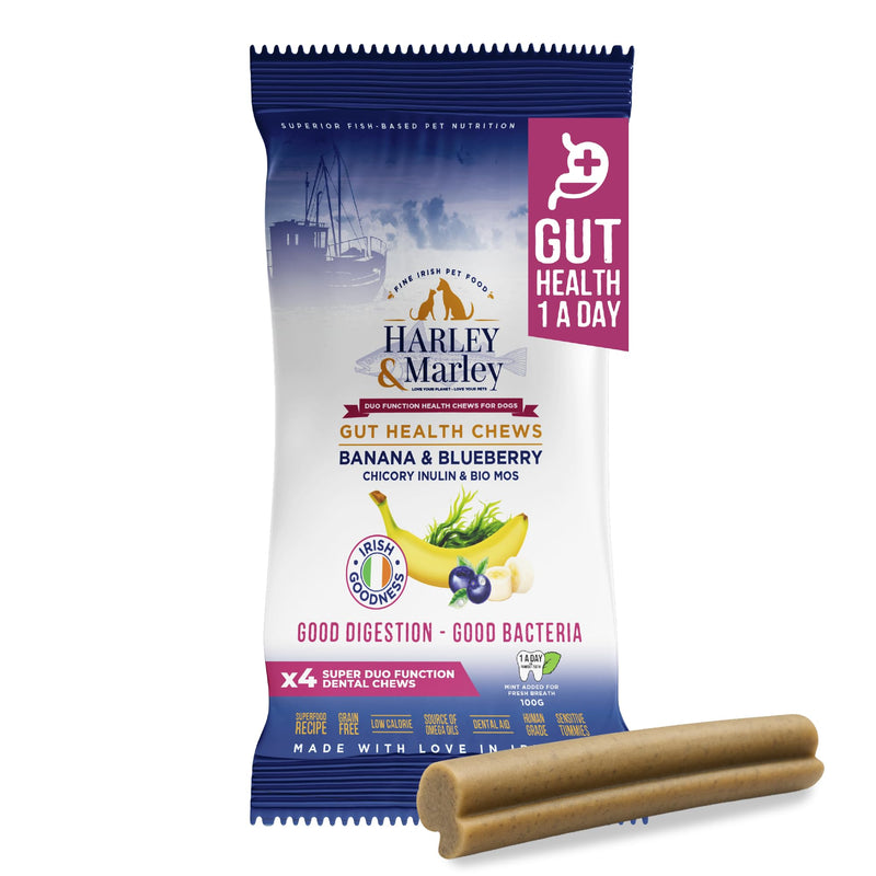 Harley & Marley Gut Duo Function Health Chews for Dogs - Dog Digestive Supplements with Fibre, Prebiotics & Biotics - Banana & Blueberry Recipe - Supports Teeth & Gums - 1pk (4/pk) Pack of 1