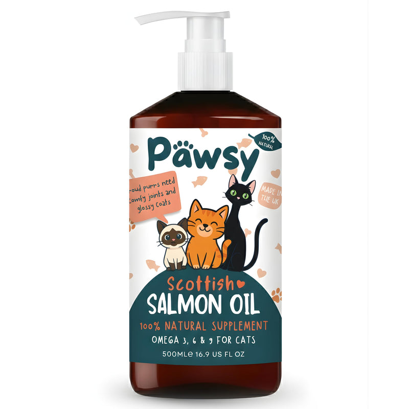 PAWSY Scottish Salmon Oil for Cats 500ml – Omega 3, 6 & 9 for Skin and Coat – Natural EPA and DHA – Supports Healthy Skin, Glossy Fur and Joint Comfort – Tasty Drizzle Cats Love (500ml)
