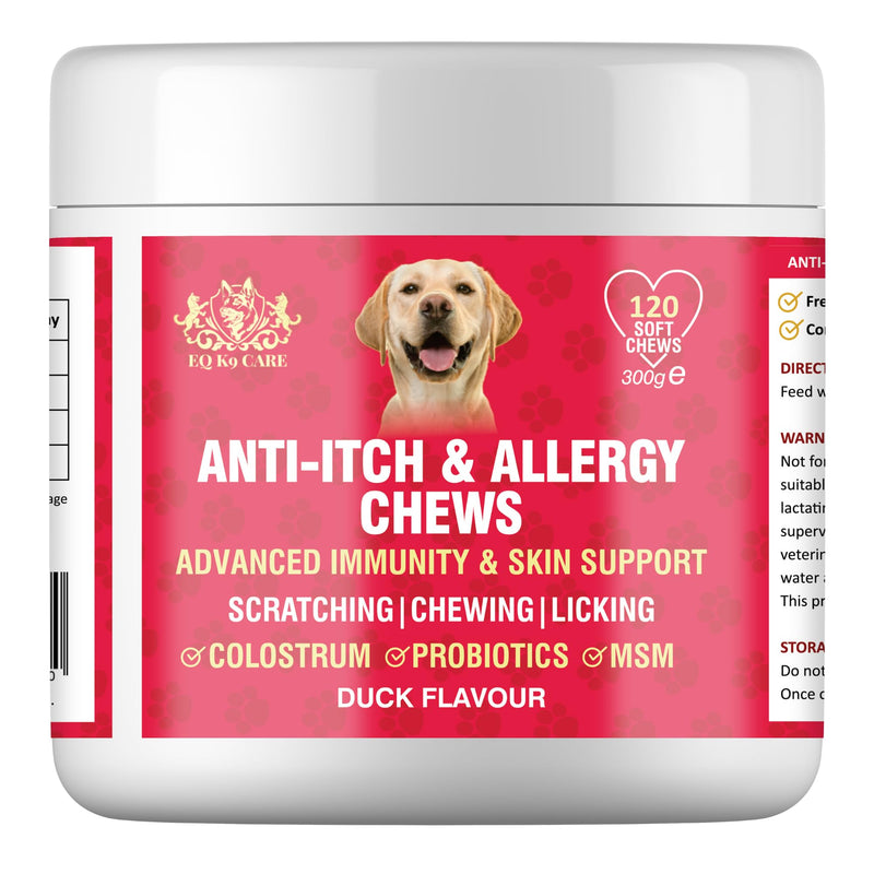 EQ K9 Anti Itch & Allergy Relief for Dogs, Stops Scratching, Paw Licking & Hot Spots, Duck-Flavour Chews, Skin & Coat Relief with Omega 3 & Probiotics, Dog Itchy Skin Relief, Small, Medium, Large Pets