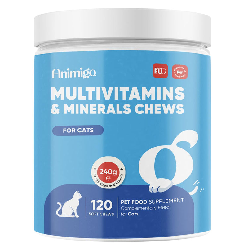 animigo Multivitamins and Minerals for Cats - 120 Soft Chews - With 18 Vitamins & Minerals - Easy to Chew & Gentle Formulation - Suitable For All Breeds - Lactose-Free & Soy-Free