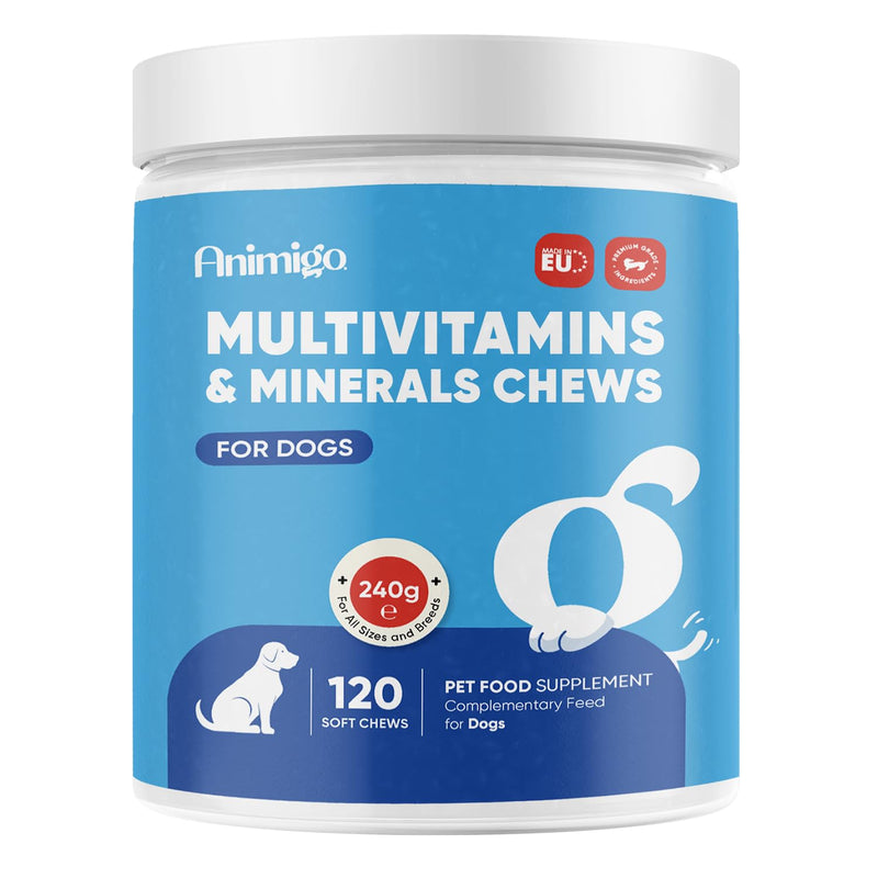 animigo Multivitamins and Minerals for Dogs - 120 Soft Chews - With 18 Vitamins & Minerals - Easy to Chew & Gentle Formulation - Suitable For All Breeds - Lactose-Free & Soy-Free