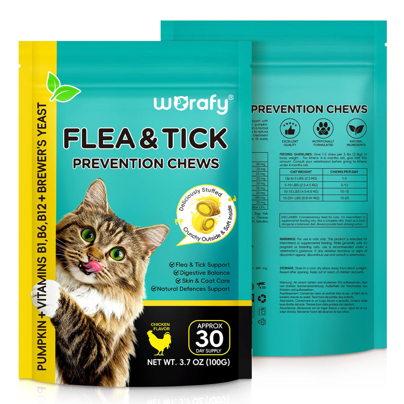 30 Chews Natural Prevention Chew for Cats–Chicken Flavor Cat Chewables with Skin & Coat Support– Prevention Supplement with Multivitamin for All Ages Pets