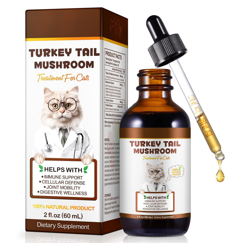 Turkey Tail Mushroom Liquid Drops for Cats - with Reishi, Maitake, Probiotics & Turmeric - Natural Flavour, 60ml