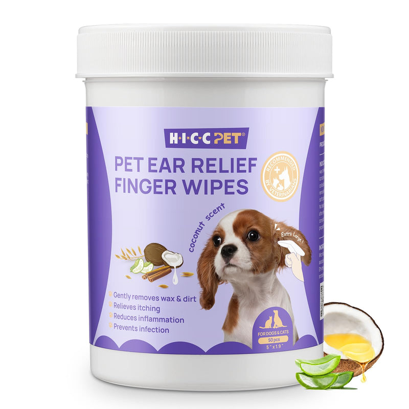 HICC PET Dog Ear Cleaner Wipes, Gentle Removes Ear Wax, Odour and Smell, Soothe Pet Ear Discomfort, All Natural Ingredients Dog Ear Wipes, Coconut Scent, 50 Count Coconut 50 Count