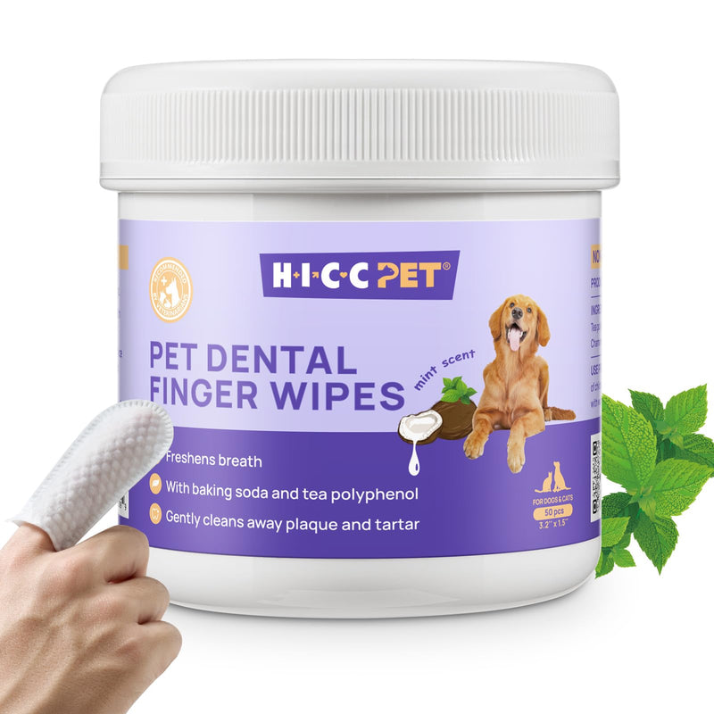 HICC PET Dental Finger Wipes for Dogs & Cats, Toothbrush-Free Plaque & Tartar Remover Wipes, Freshens Breath, Soothes Gums with Coconut Oil, Alcohol-Free & Safe to Lick Mint Flavored 1