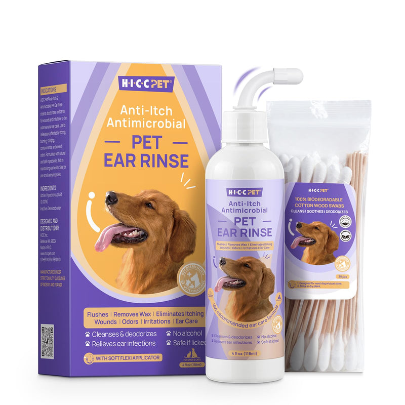 HICC PET Ear Cleaner for Dogs & Cats, Soothing Ear Discomfort, Dog Ear Drops To Stop Wax Build Up, Head Shaking, Scratching Ear Odour, 118ml 0.21kg,8.5*4.3*16cm
