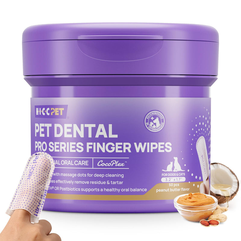 HICC PET Teeth Cleaning Wipes PRO Series, Dental Care Finger Wipes for Dogs & Cats, Reduce Plaque Tartar & Fresh Breath, No-Rinse Toothbrush, Gentle Dog Tooth Brushing Kit, 50 Count, Peanut Butter 50 count (Pack of 1)
