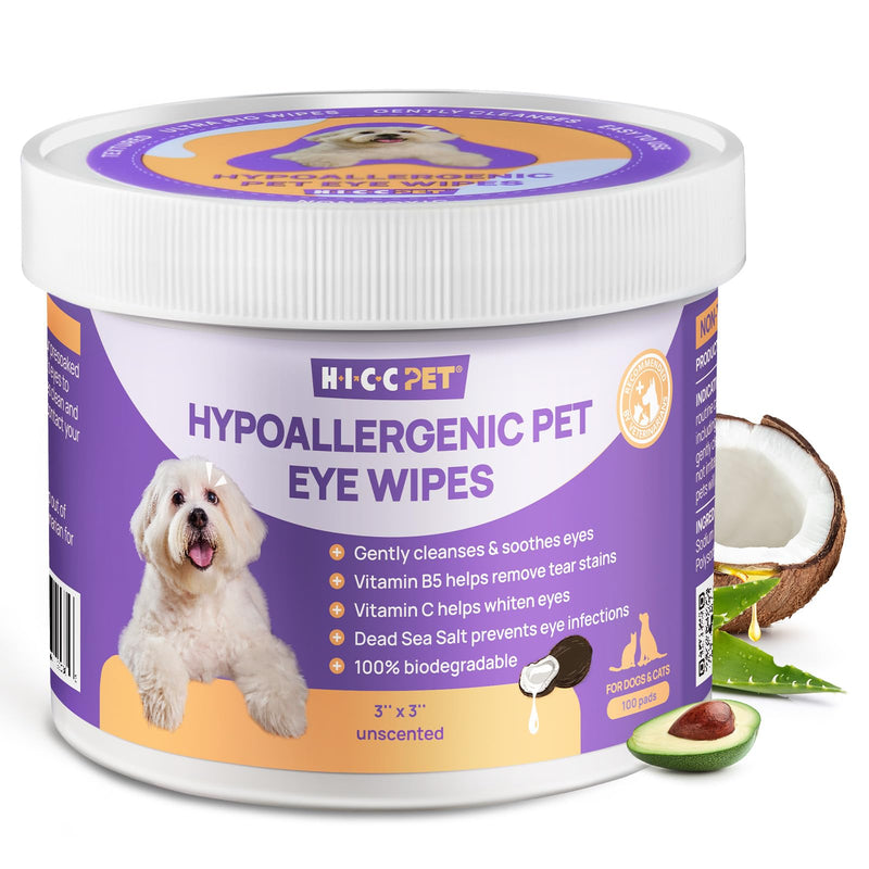 HICC PET Eyes Wipes for Dogs & Cats - Daily Cleaner for Removing Eye Debris, Discharge & Mucus Secretions, Coconut Oil Pet Cleaning Wipes, Suitable for Eyes, Face, and Wrinkles (100 count) 100 count (Pack of 1)