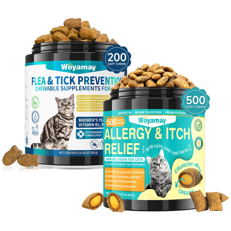 Woyamay Flea Support & Skin Comfort Treats for Cats, Daily Flea Care and Seasonal Skin Support Chewables, Chicken Flavor for Cats & Kittens of All Breeds