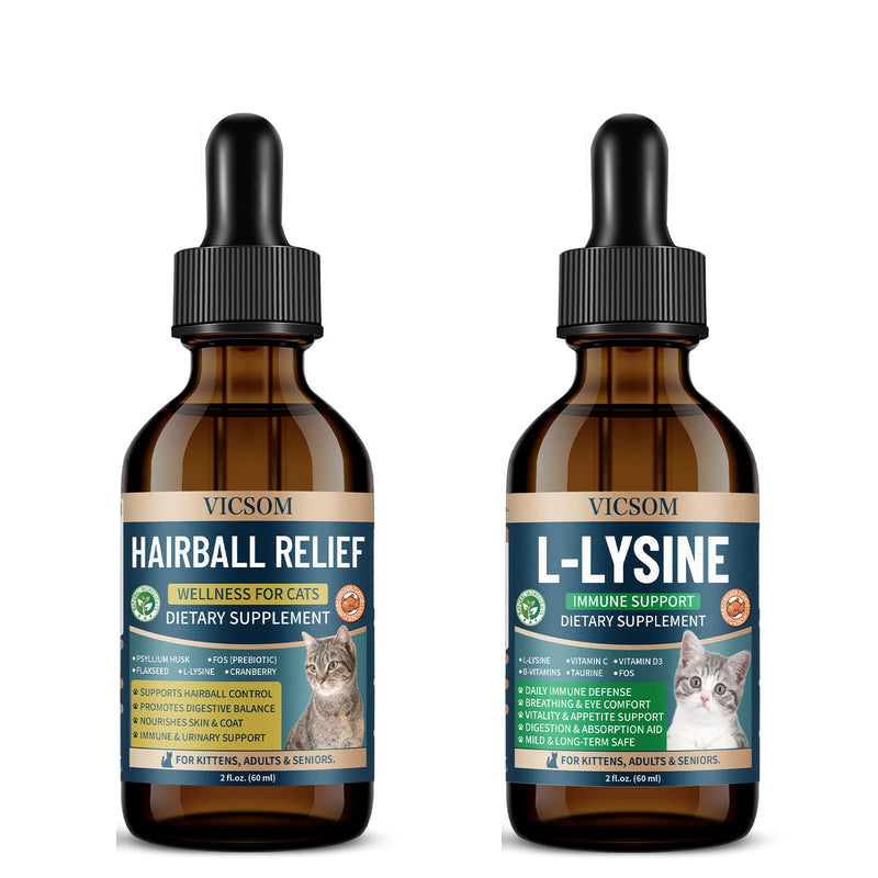 VICSOM Cat Hairball & Lysine Immune Support Bundle, Hairball Remedy + Liquid L-Lysine for Cats, Supports Digestion, Furball Control, Eye & Nose Wellness, Chicken Flavor, 2 fl oz + 60 ml