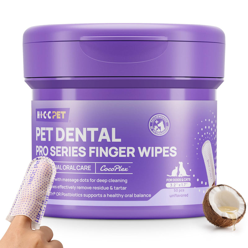 HICC PET Dog Pro Teeth Cleaning Wipes, Gentle Dental Wipes for Dogs & Cats, No-Rinse Finger Toothbrush for Oral Care, Unscented, 50 Count